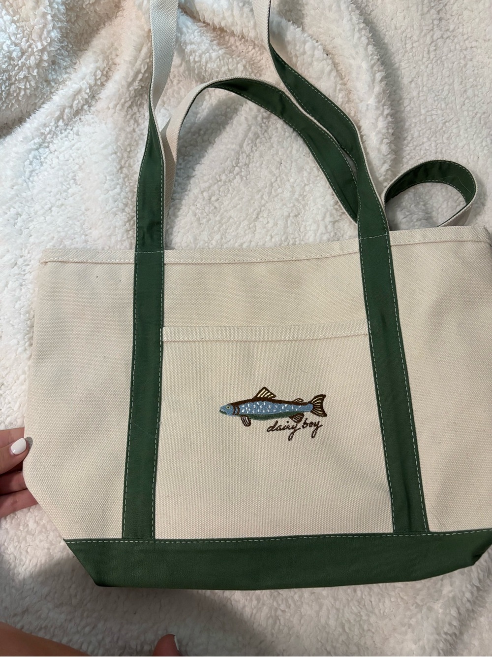 Daisy Boy Canvas Tote Bag in Cream with Green Trim